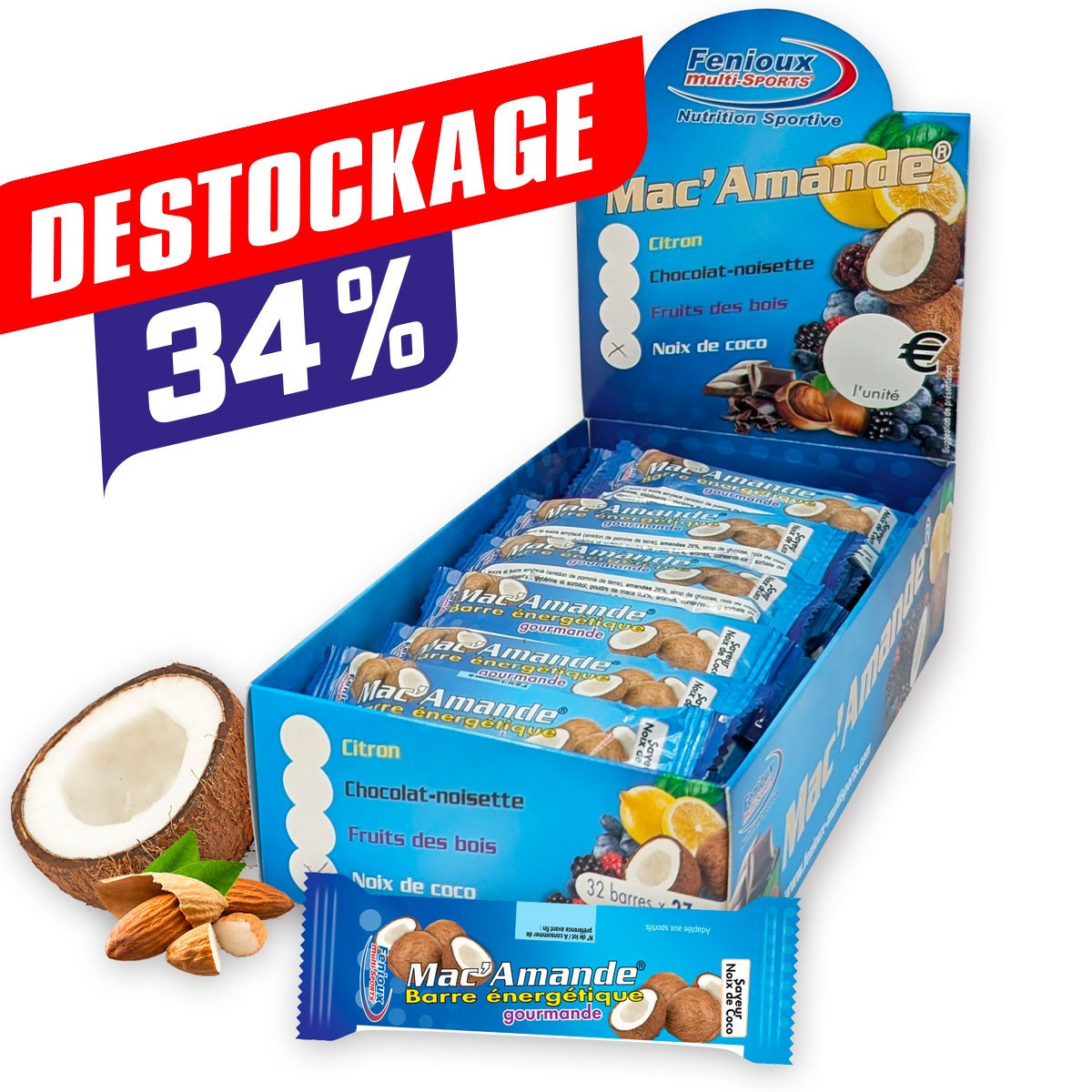 Barres Mac'Amande®  Saveur Noix de coco  Boîte de 32 barres